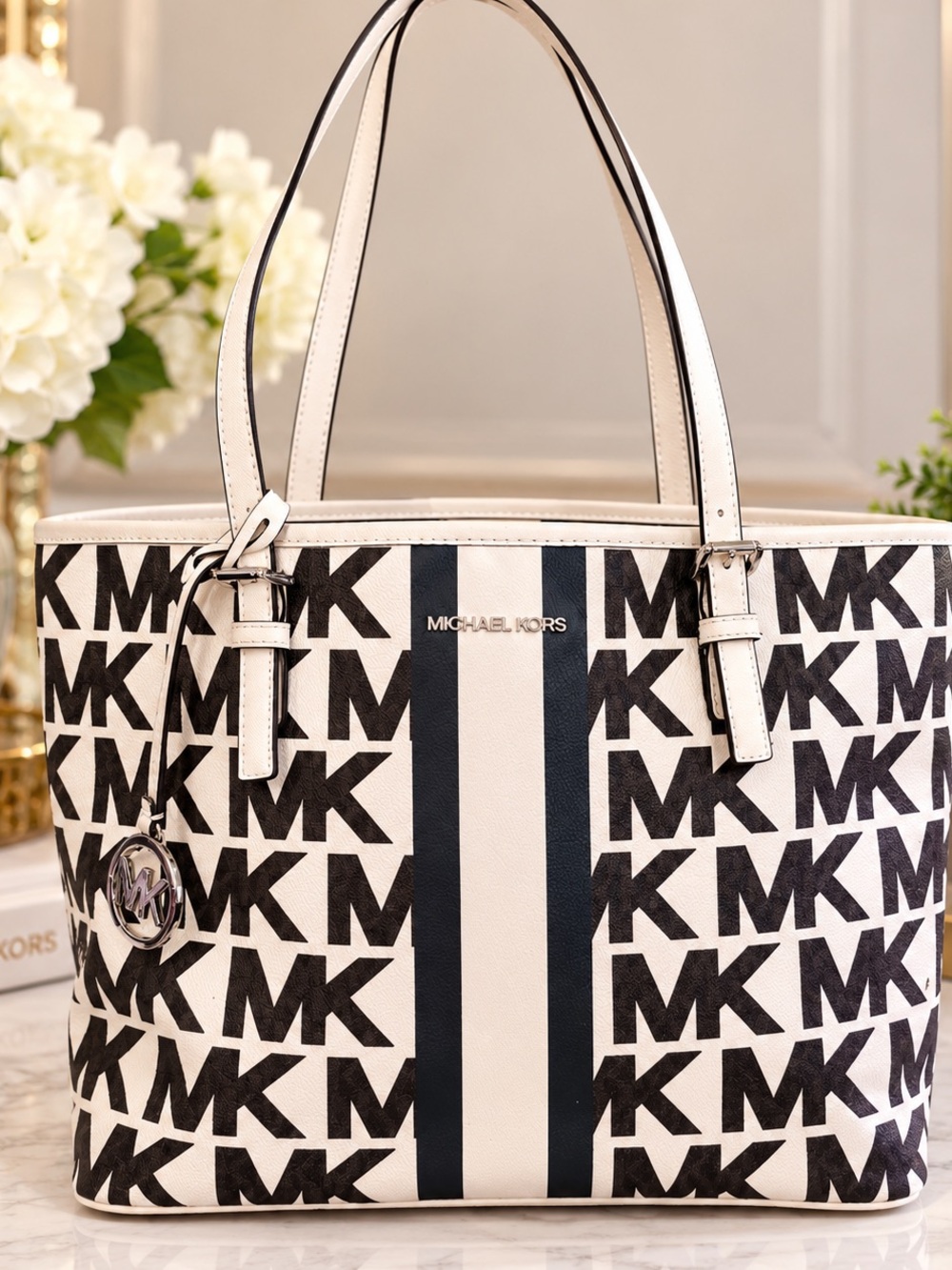 Michael Kors Jet Set Travel Medium Logo Stripe Carryall Tote